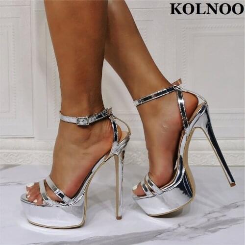 Kolnoo New Handmade Ladies High Heels Sandals Buckle Ankle Strap Real Photo Party Prom Shoes Eurolish Style Fashion Silver Shoes