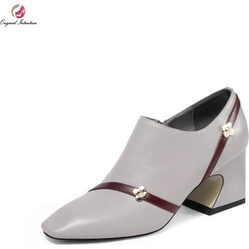 Original Intention Women Pumps Concise Real Leather Fashion Square Toe Mid Heels Pumps Popular Shoes Woman Size 3-10.5