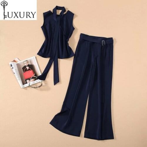 2020 Summer Fashion Work Sets Women V-Neck Bow Tie Elegant Vest Tops+Full Length Wide Leg Pant Suit Set 2pcs