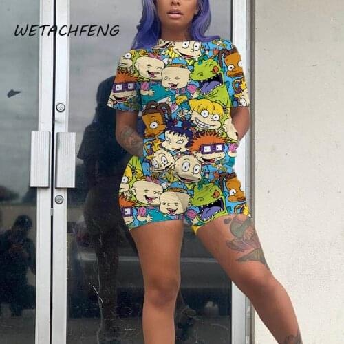 Womens Two Piece Sets Cute Cartoon Printed Casual Tops And Shorts Tracksuits Summer Sportswear Plus Size Outfits Suits Clothing