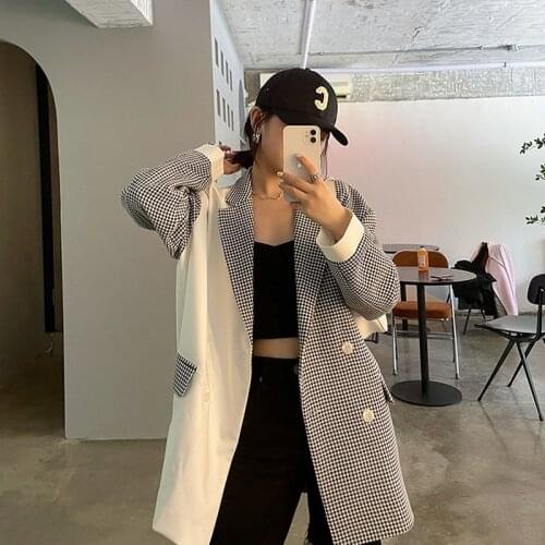 Vintage Houndstooth Patchwork Blazer Women Loose Casual Notched Collar Double Breasted Long Sleeve Female Suit Jacket Autumn New