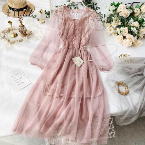 Sweet women mesh lace dresses vestidos 2019 spring autumn long sleeved slim sexy v-neck casual dress ladies korean long robe