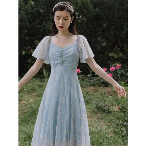 2021 New Summer Women French Romantic Fairy Mesh Dress Square Collar Floral Printed Feminine Blue Mesh Dress Elegant Party Dress