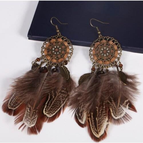 1 Pair Indian Style Dreamcatcher Beads Danglers Long Feather Drop Earrings Bohemia Ethnic Vintage Charm BOHO Holiday Jewelry