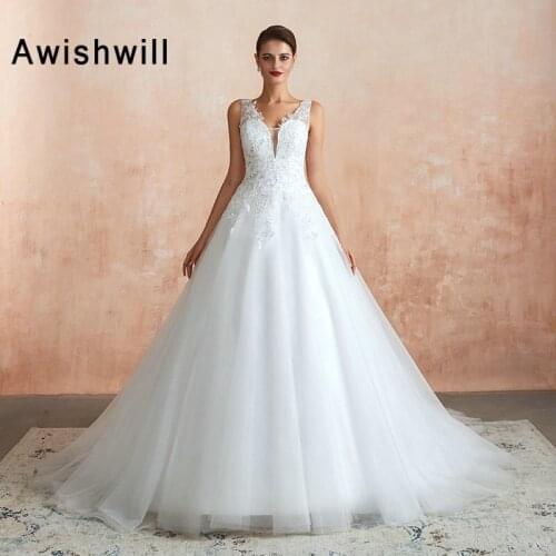100% Real Ball Gown Bride Wedding Dresses 2020 Mariage Deep V Neck Tulle Appliques Sheer Back Sleeveless Wedding Gowns