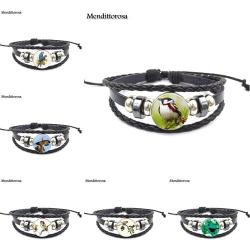 Mendittorosa Black Leather Bracelet Bangle Glass Cabochon Black Leather Bracelet Bangle For Women Vintage Style Bird