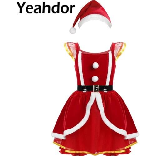 Kids Girls Soft Velvet Christmas Cosplay Santa Claus Costume Princess Camisole Mesh Tutu Party Dress with Hat Christmas Dress