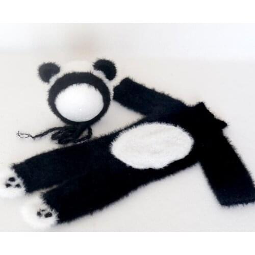 Baby Panda Bonnet Outfit Set Knitted Fuzzy Animal Suit Furry Newborn Footed Romper and Hat Cute Animal Bonnet Baby Phtoto Props