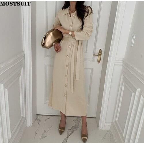 Elegant Chic Long Dress For Women 2021 Autumn Full Sleeve Single-breasted Belted Midi Dresses Vintage Workwear Sweater Vestidos