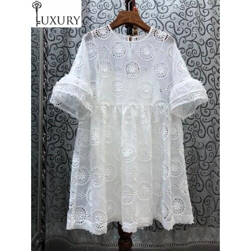 Quality Cotton 2020 Top Summer Women Hollow Out Embroidery Flower Patterns Flare Sleeve Elegant Loose White Dress Club