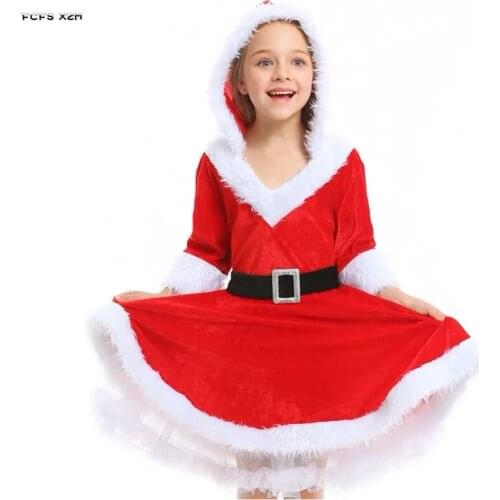 Red Girls Santa Claus Cosplay Kids Children Halloween Christmas Costumes Carnival Purim parade Stage play Masquerade party dress