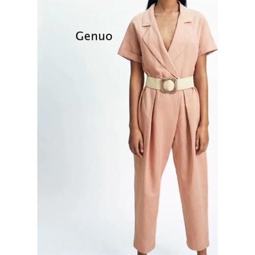 Summer New Style Suit Collar with Belt Short-Sleeved One-Piece Trousers Women