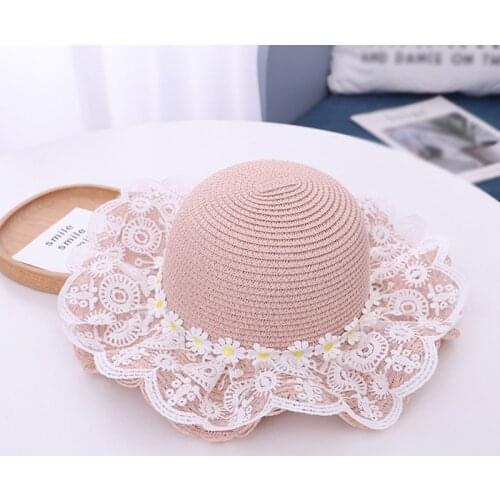 Summer Flat Roof Eaves Beautiful Lovely Lace Little Flower Girl Straw Hat