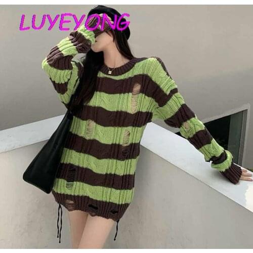 Korean Fashion Clothes Y2k Girl Hollow Out Split Broken Loose Sweater Gothic Lady Sexy Green Street Pull Long Sweater Autumn