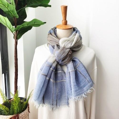 Fashion Womens Cotton And Linen Striped Scarf Bule Yellow Long Shawl For Mens Japanese Unisex Style Scarives/Scarf