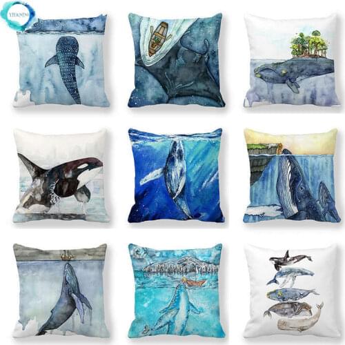 Watercolor Whale Polyester Throw Pillow Cover Sofa Bedside Cushion Pillowcase Ocean Blue Sea Fish Decorative Pillowcases 45X45CM