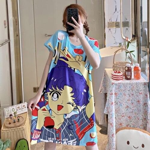 Summer Thin Printed Sleepwear Night Robe Loose Youth Nightdress Cartoon Wear Short Sleeve Casual Girls Students Loungewear