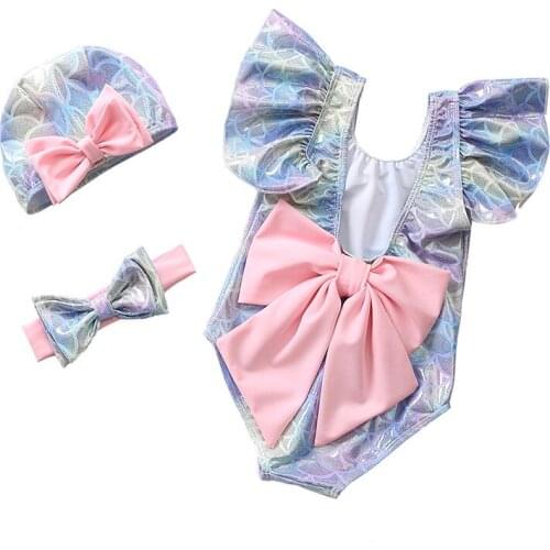 2021 New Girl Swimsuit INS Baby Swimsuit Hot Mermaid Back Bow Tie Conjoined Childrens Swimsuit 3 Piece Bikini Set Girls Bikini