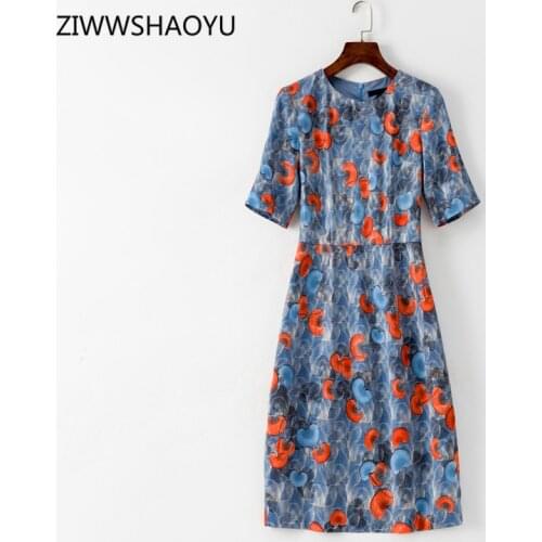ZIWWSHAOYU Fashion Runway Women Knee-Length Dress O-Neck Geometric Floral Print Half Sleeve Elegant Slim A-Line Dresses Vestidos