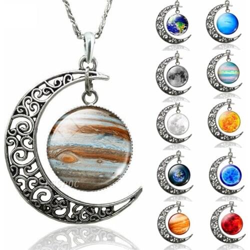 Hollow Crescent Moon Necklace Earth Jupiter Sun Stars Planet Glass Cabochon Handmade Pendant DIY Accessories Christmas Gifts
