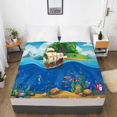 3D HD Bed Sheets On Elastic Band Bed,1PCS Fitted Sheet 160x200/200X200/200x220,Bedsheet Bedding,Bed Linen OceanWorld Pirate Ship