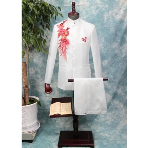 Stage blazer men suit set with pants mens Chinese tunic suit singer applique Sequins embroidered formal dress mens groom suit