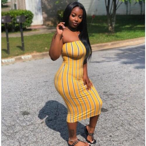 Sexy Strapless Bodycon Dresses Womens Yellow Stripe Printed Sleeveless Tube Midi Maxi Dresses Casual A-Line Vacation Vestido