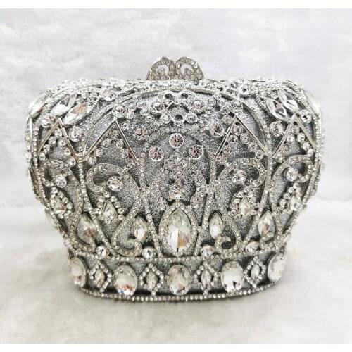 Silver Metal Rhinestone Wedding Bridal Phone Purse FashionCrown-Shaped Diamond Women Dinner Banquet Chain Clutches Money Purses