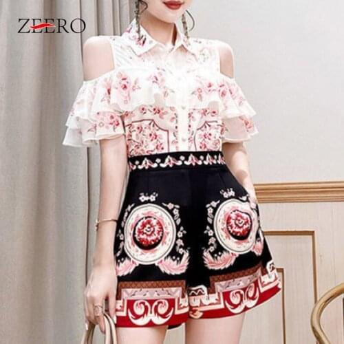 Spring Summer Printing Fashion Chiffon 2 Piece Set Women White Strapless Ruffle Flowers Lapel Shirt Top + High Waist Shorts Suit