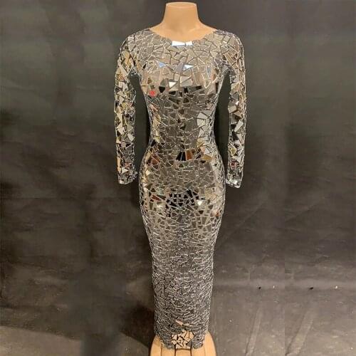 Sparkly Full Mirrors See Through Black Mesh Long Dress Womens Birthday Celebrate Dress Evening Wear Festival Women Singer Dress
