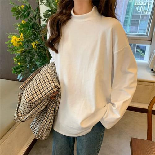 Women T shirts Long Sleeve Thicken Plus Velvet Warm Turtleneck Korean Style Loose Woman Solid Simple All-match Daily Tshirt Ins