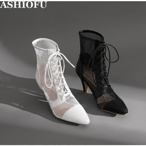 ASHIOFU Handmade New 2021 Womens Sandals Air-mesh Sexy Breathable Party Black&White Evening Fashion Real-pics Sandal Shoes