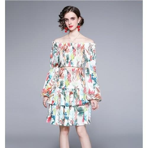Spring Summer Retro Print 2 Piece Sets Women Off Shoulder Folds Short Shirt Crop Top + Elastic Waist Ruffles Layered Skirt Suits