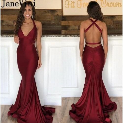 JaneVini Burgundy Sexy Prom Dresses 2019 Backless Mermaid Long Women Dress Evening Party Prom Gowns V-Neck Party Wear Sleeveless