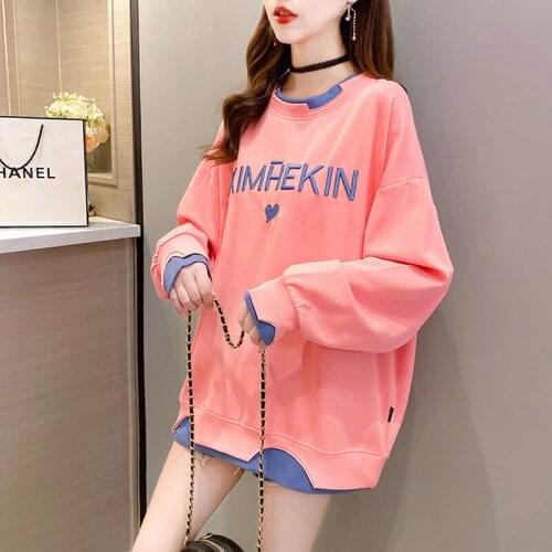 2021 Spring Women Casual Fake Two Sweatshirt Letter Embroidery Korean Oversized Hoodies Long Sleeve Loose Streetwear Female Tops