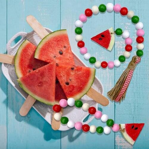 4 Pcs Watermelon Wood Bead Garland with Tassels-Rustic Garland Prayer Boho Beads for Summer Country Style Fruit Themed