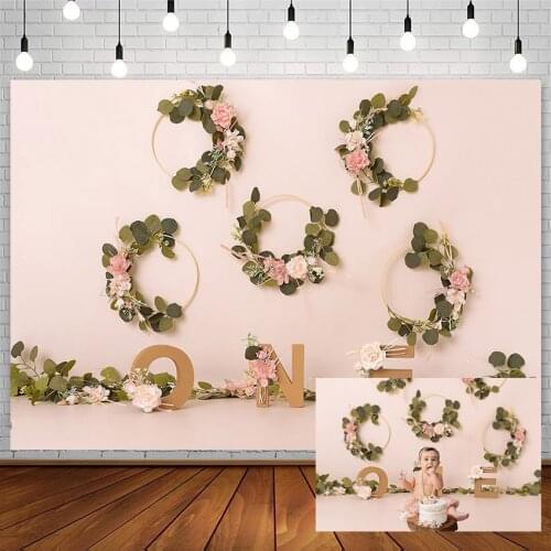 Avezano 1st Birthday Party Backdrop Flowers Spring Wreath Green Leaves Pink Girl Backgrounds Photography Studio Photocall Decor