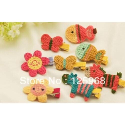 Free Shipping!20pcs/lot New kids Crochet Fish/Flower/Horse/Butterfly Animal Multi-Design Hair Clips Girls Hairclips