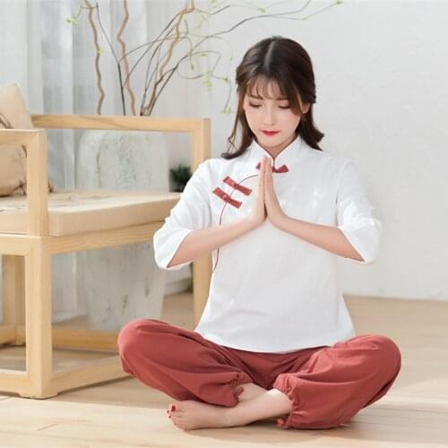 Color Matching Tea Teaism Zen Clothes Meditation Fitness Yoga Pilates Cotton Hemp Suit Outdoor Sport Taiji Gongfu Wushu Clothing