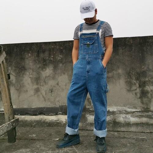 Loose Fit Jeans Men Denim Bib Overalls Mens Work Wear Blue Jumpsuit Strap Suspender Straight Cargo Pants Big Plus Size 30-44 46