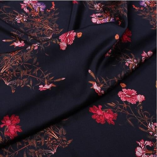 1 Meter x 1.4 Meter Floral Printed Black Natural Real Silk Elastic Satin Printing Fabric Dress Material