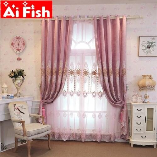 Europe Luxury Pink Flocking Flowers Chenille Embroidered Blackout Curtains For Living Room Hotel Coffee Bedroom Drapes MY246#4