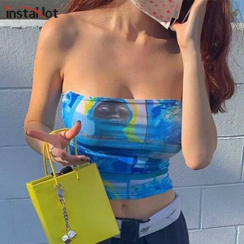 InstaHot Sexy Print Painting Cropped Top Corset Streetwear Harajuku Strapless Casual Tank Top Women 2021 Summer Party Casual Top