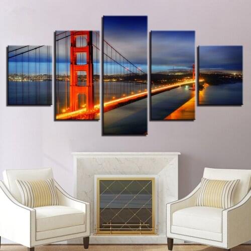 Canvas Pictures Home Decor HD Prints Poster 5 Pieces Golden Gate Bridge Night Landscape Paintings Living Room Wall Art Framework