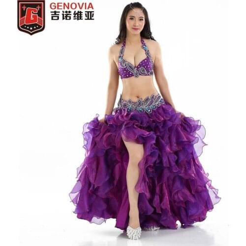 2018 Perform Belly Dance Costume Outfit Set Diamond Bra & Belt Hip & Skirt Scarf Bollywood 3pcs