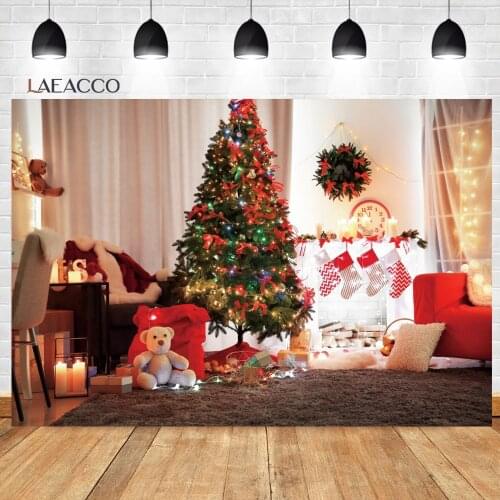 Laeacco Interior Living Room Warm Decor Background Christmas Tree Teddy Bear Light Baby Portrait Customized Photography Backdrop