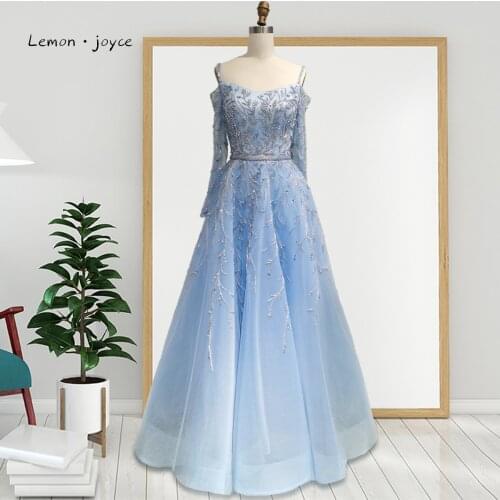 Lemon Joyce Blue Luxucy Evening Dresses Spaghetti Strap Long Sleeve A-line Formal Evening Gowns Plus Size