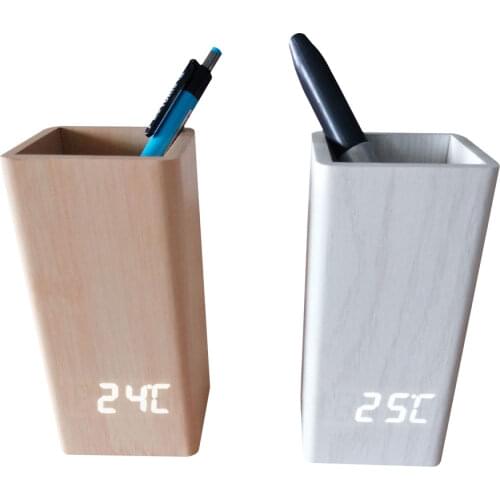 Multifunctional Pen Rack Wooden LED Clock Temperature Display for Offiche Desktop Stationery Organizer органайзер для канцелярии