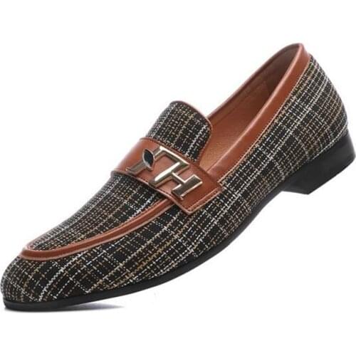 Men Shoes Casual Fashion Plaid Loafer with Gold Buckle Penny Slip-On Wedding Party Prom Shoes