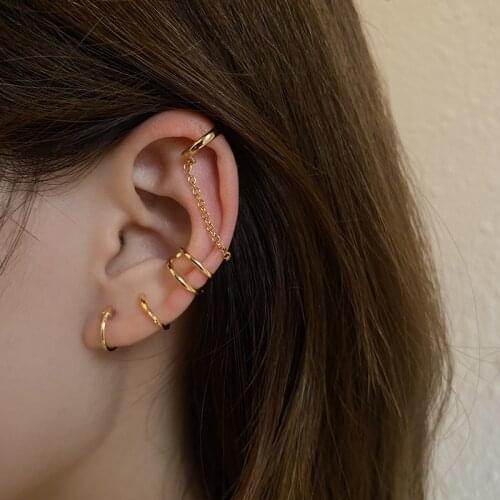 2021 New Simple Gold Metal Asymmetry Long Tassel No Piercing Ear Cuff Crystal Hook Clip Earrings Set For Women Jewelry Gift